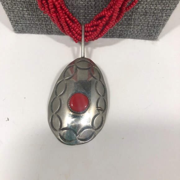 Artisian Red Seed Bead Necklace Boho Statement Silver Tone Pendant Southwestern - Picture 3 of 7